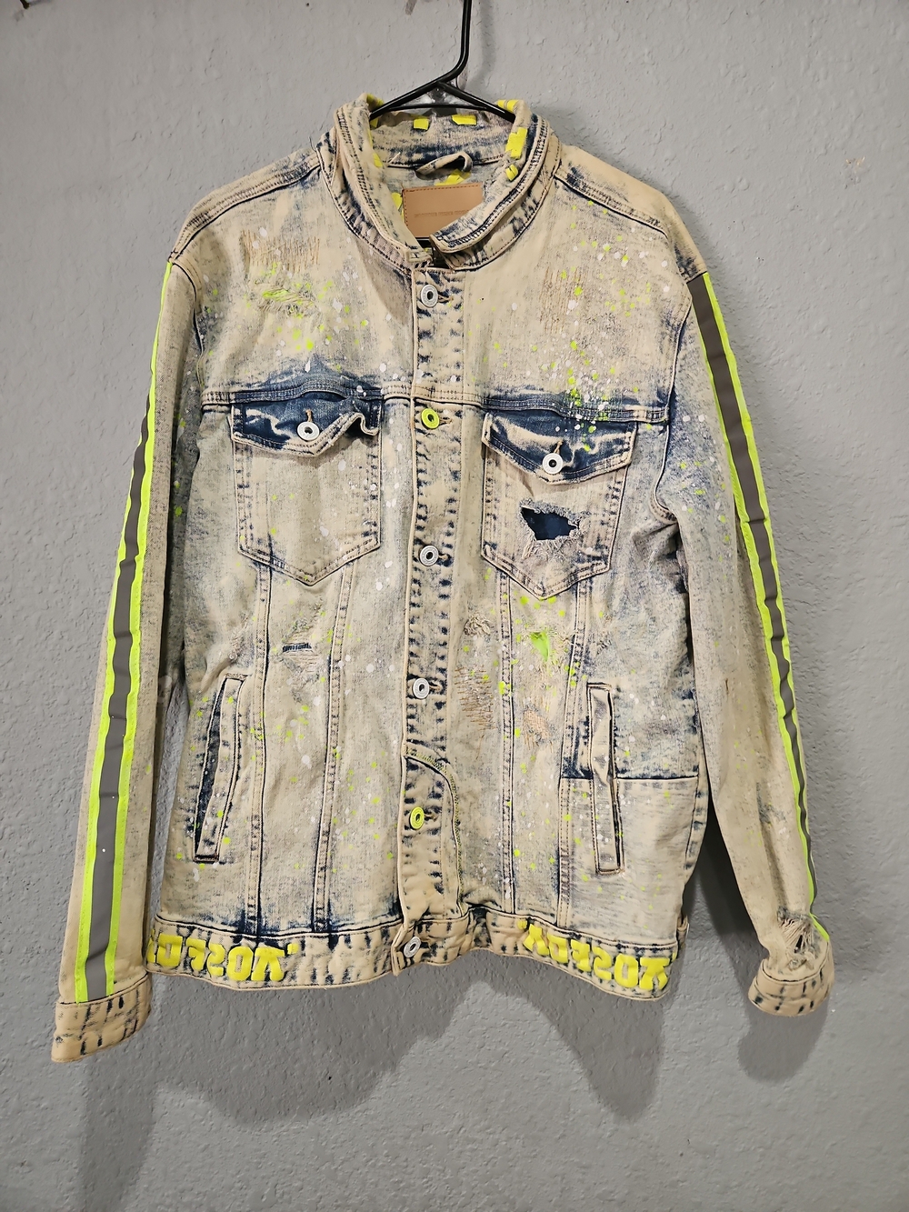 Men's Distressed Light Wash Denim Jacket with Neon Yellow Trim